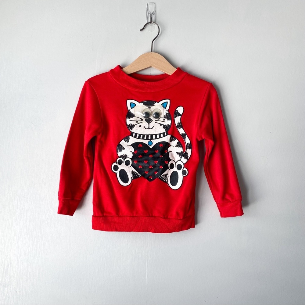 Vintage Klifton Kids Cat Graphic Heart Red Pullover Crewneck Sweatshirt 2T-3T